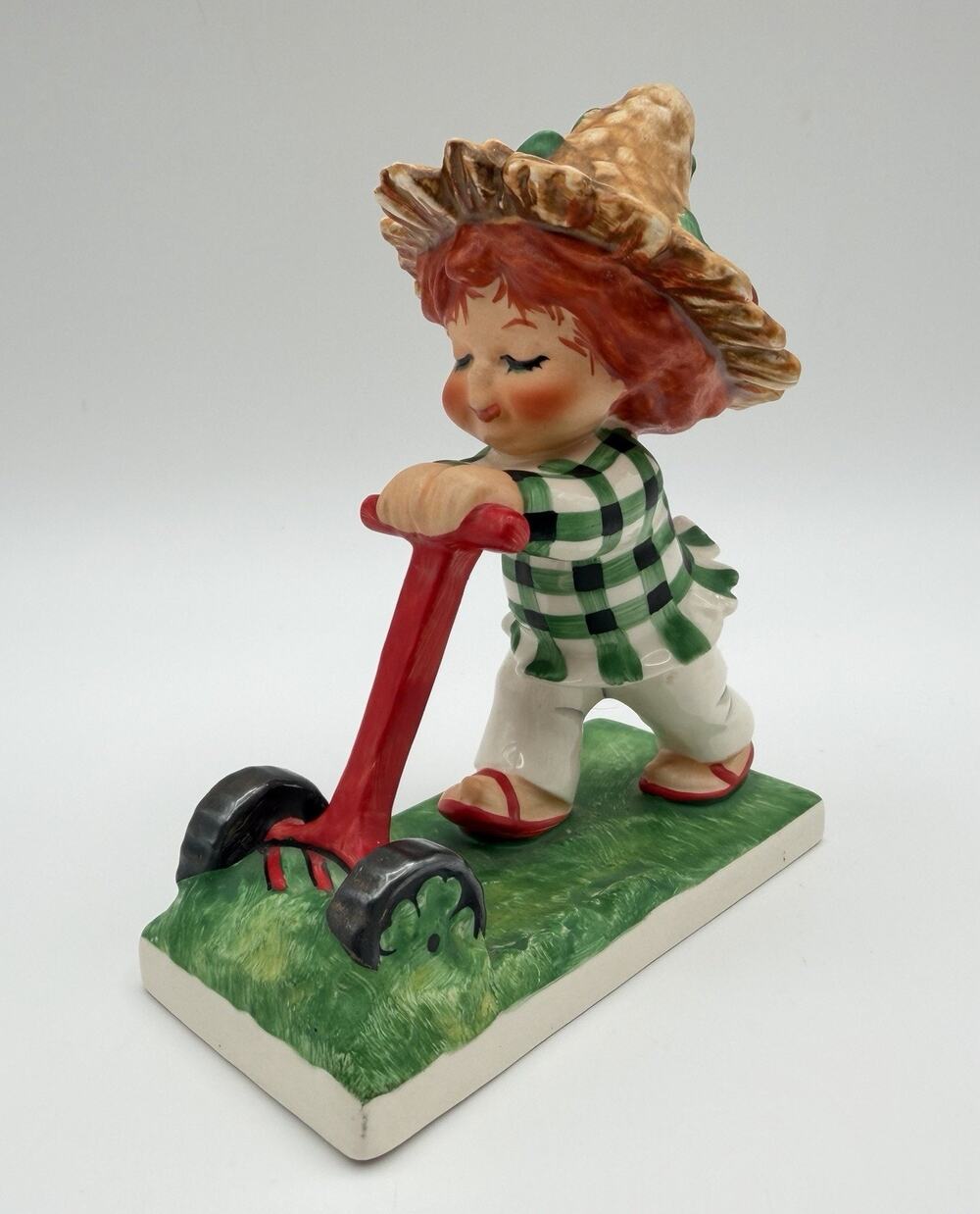 Goebel Trim Lass Redhead Figurine 5” TMK 4 BYJ 49 Lawn Mowing Germany Vintage